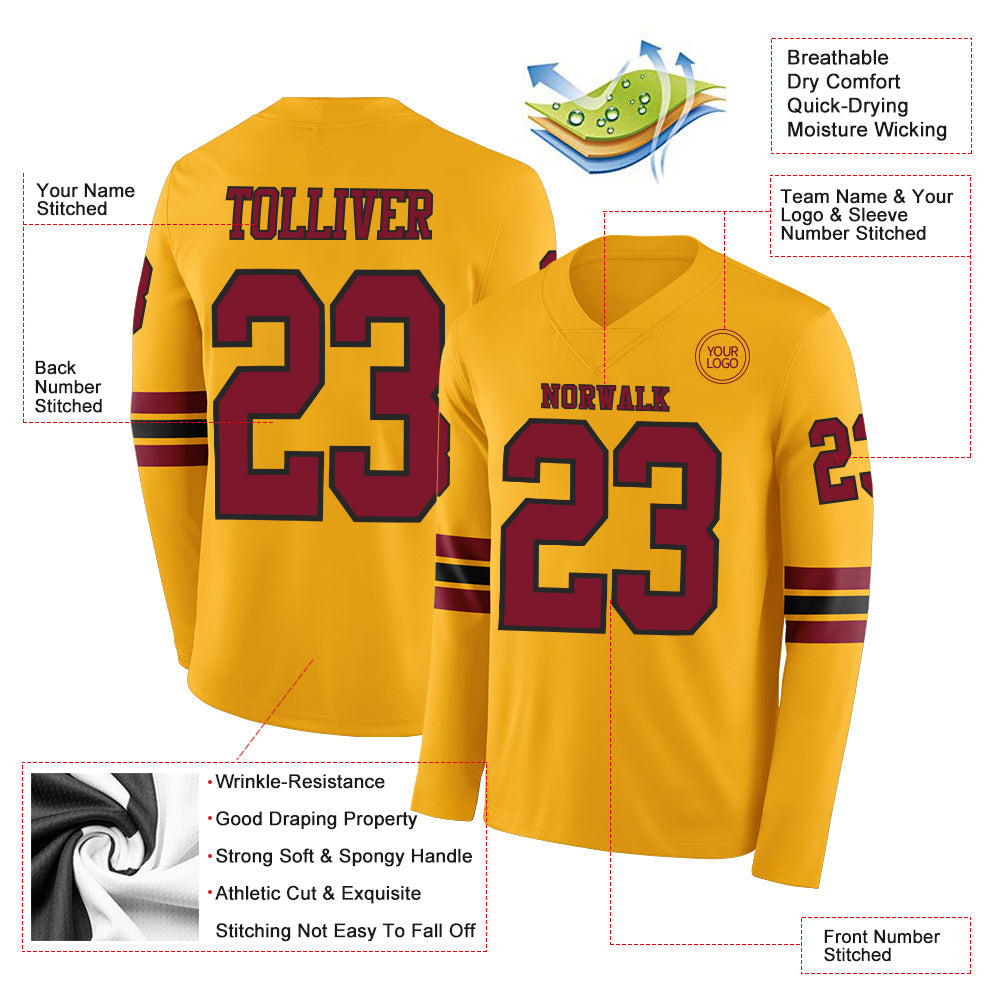 Custom Gold Crimson-Black Long Sleeve Authentic Football Jersey view 2