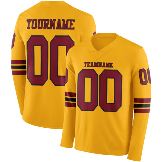 Custom Gold Crimson-Black Long Sleeve Authentic Football Jersey - Main View