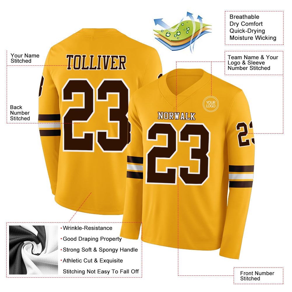 Custom Gold Brown-White Long Sleeve Authentic Football Jersey view 2