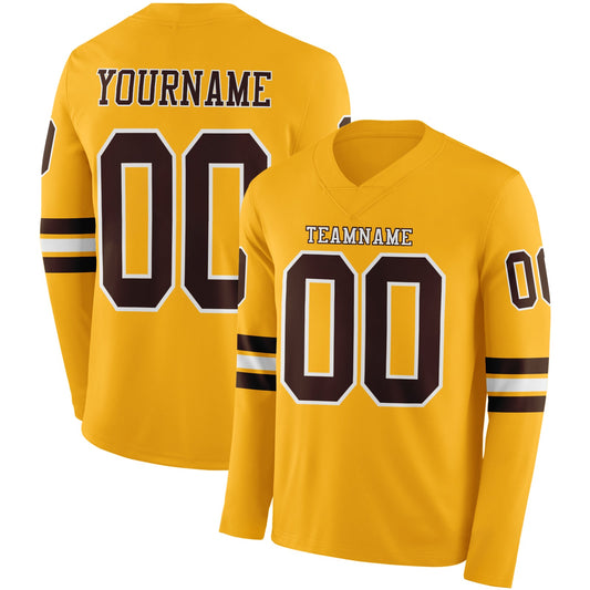 Custom Gold Brown-White Long Sleeve Authentic Football Jersey - Main View