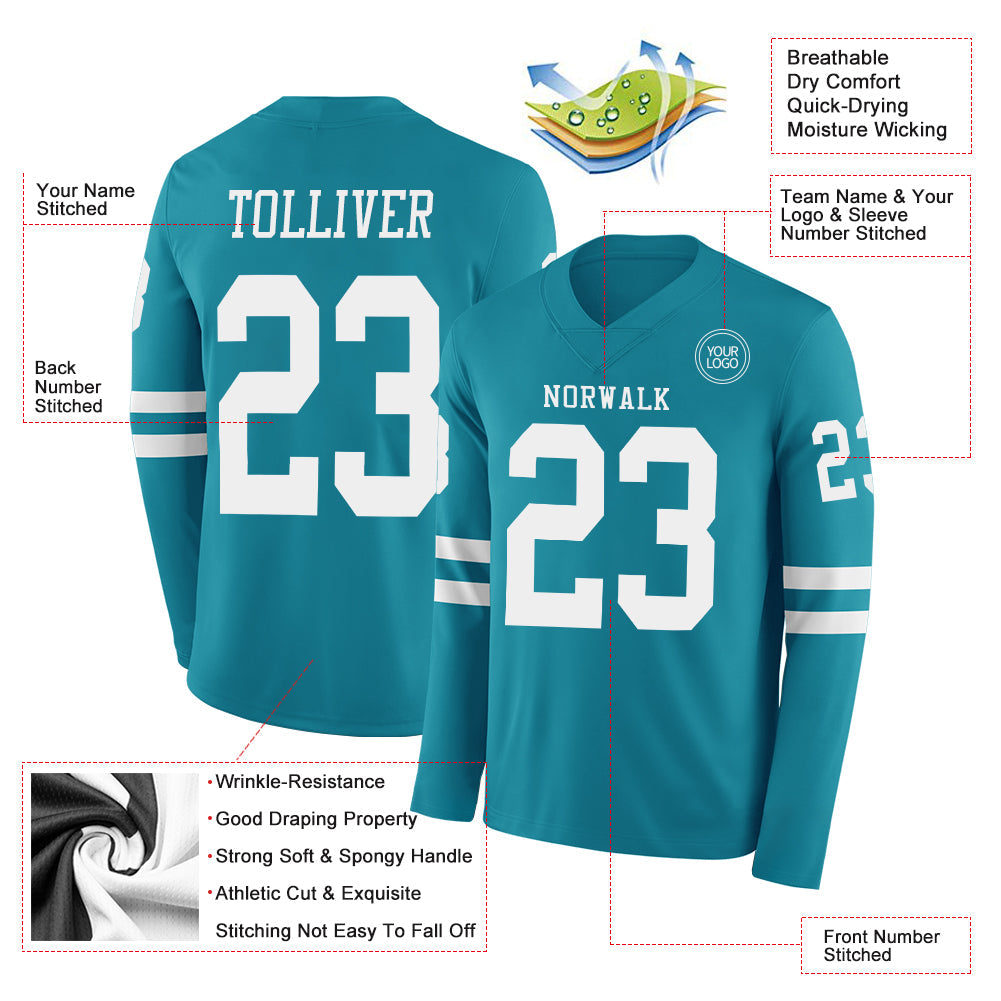 Custom Teal White Long Sleeve Authentic Football Jersey view 2