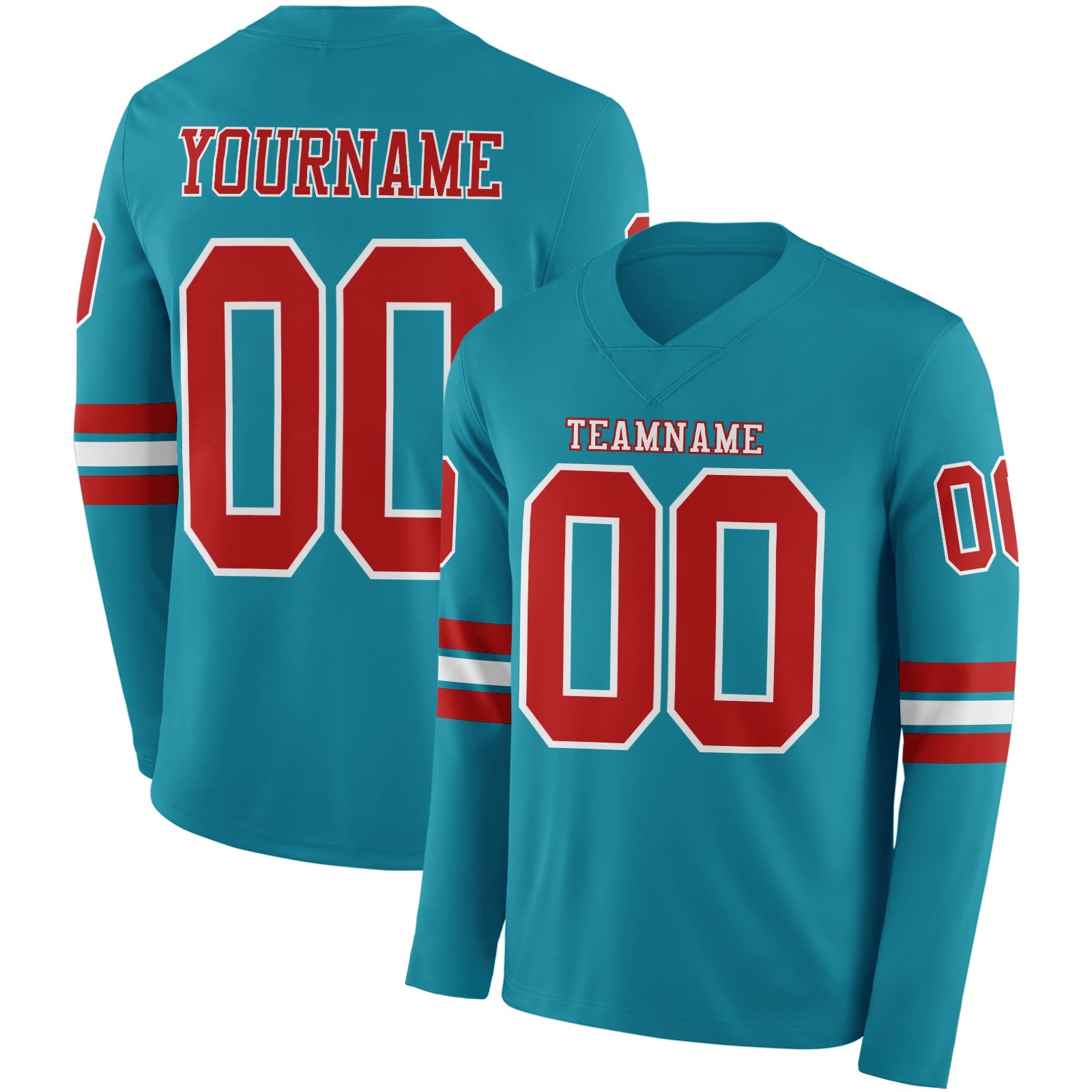 Custom Teal Red-White Long Sleeve Authentic Football Jersey - Main View