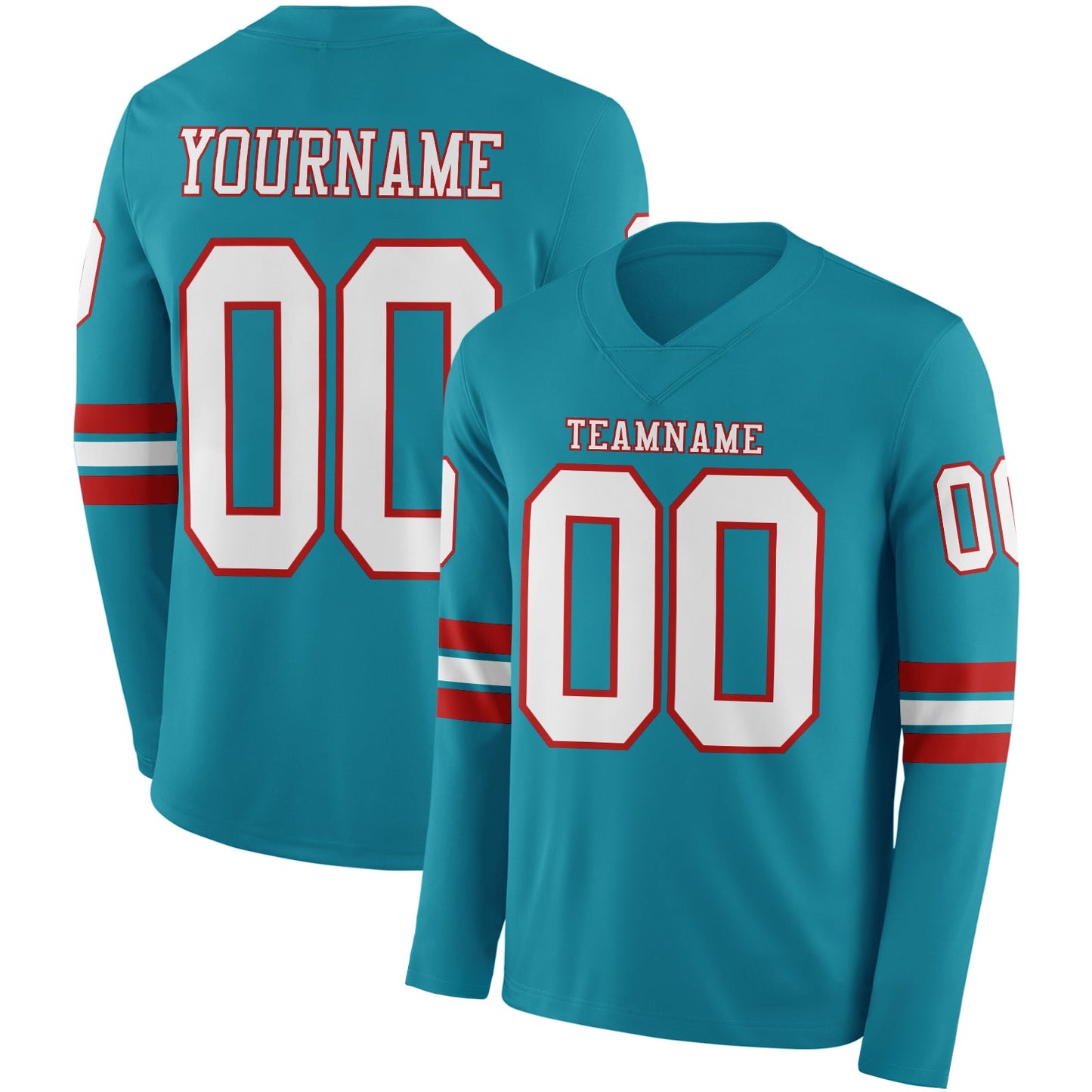 Custom Teal White-Red Long Sleeve Authentic Football Jersey - Main View