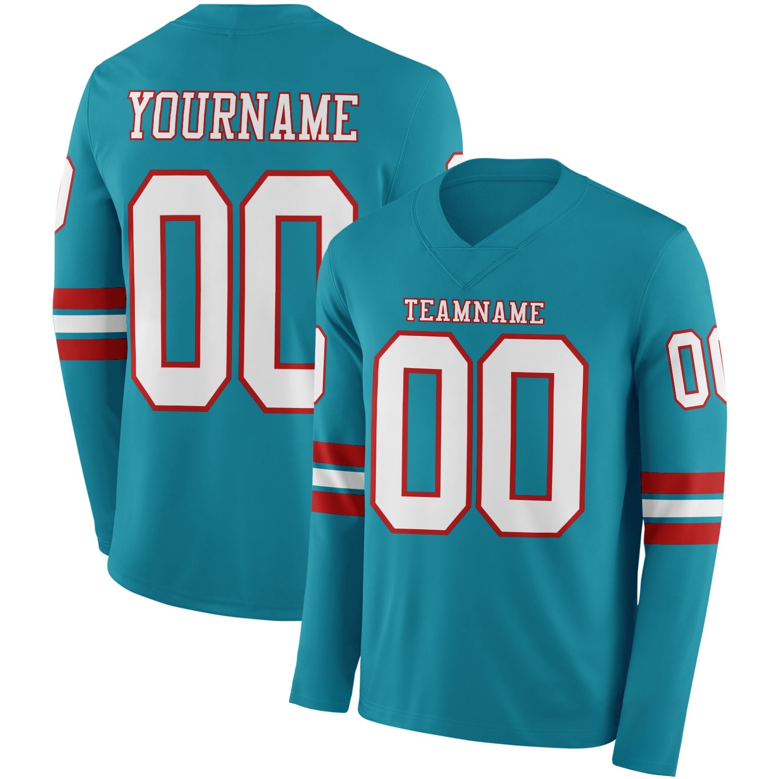 Custom Teal White-Red Long Sleeve Authentic Football Jersey - Main View