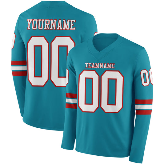 Custom Teal White-Red Long Sleeve Authentic Football Jersey - Main View