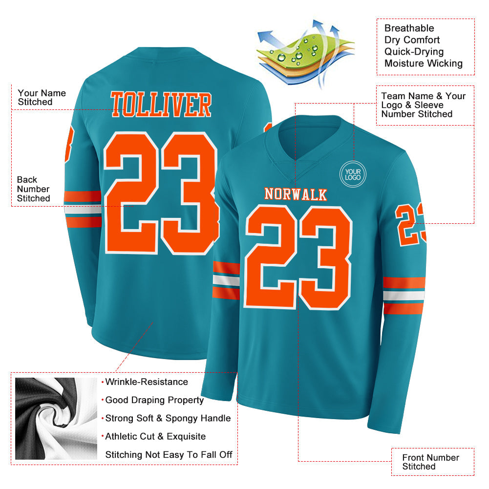 Custom Teal Orange-White Long Sleeve Authentic Football Jersey view 2