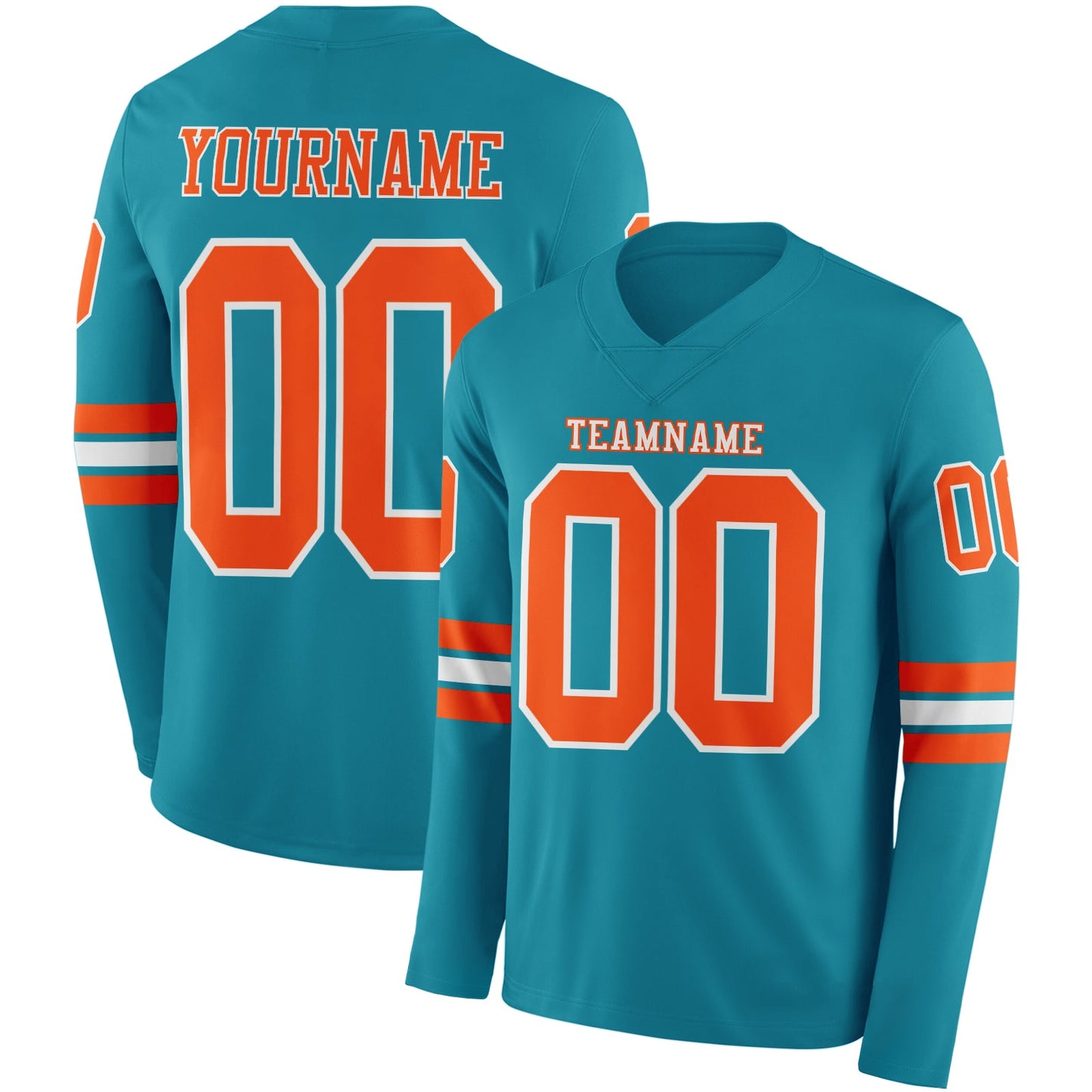 Custom Teal Orange-White Long Sleeve Authentic Football Jersey - Main View