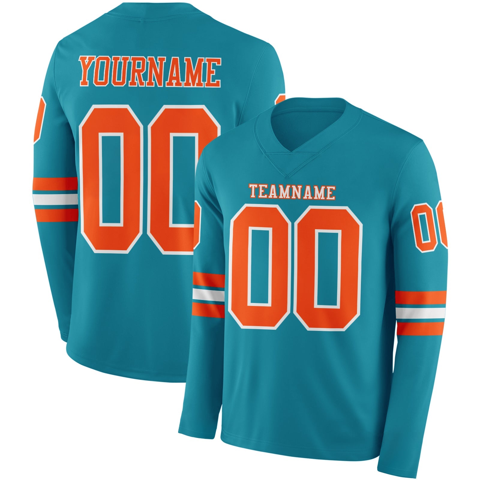 Custom Teal Orange-White Long Sleeve Authentic Football Jersey - Main View