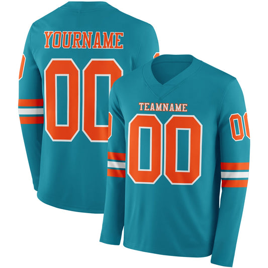 Custom Teal Orange-White Long Sleeve Authentic Football Jersey - Main View