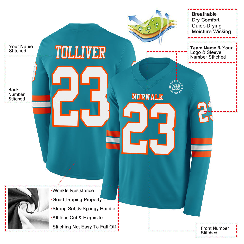 Custom Teal White-Orange Long Sleeve Authentic Football Jersey view 2