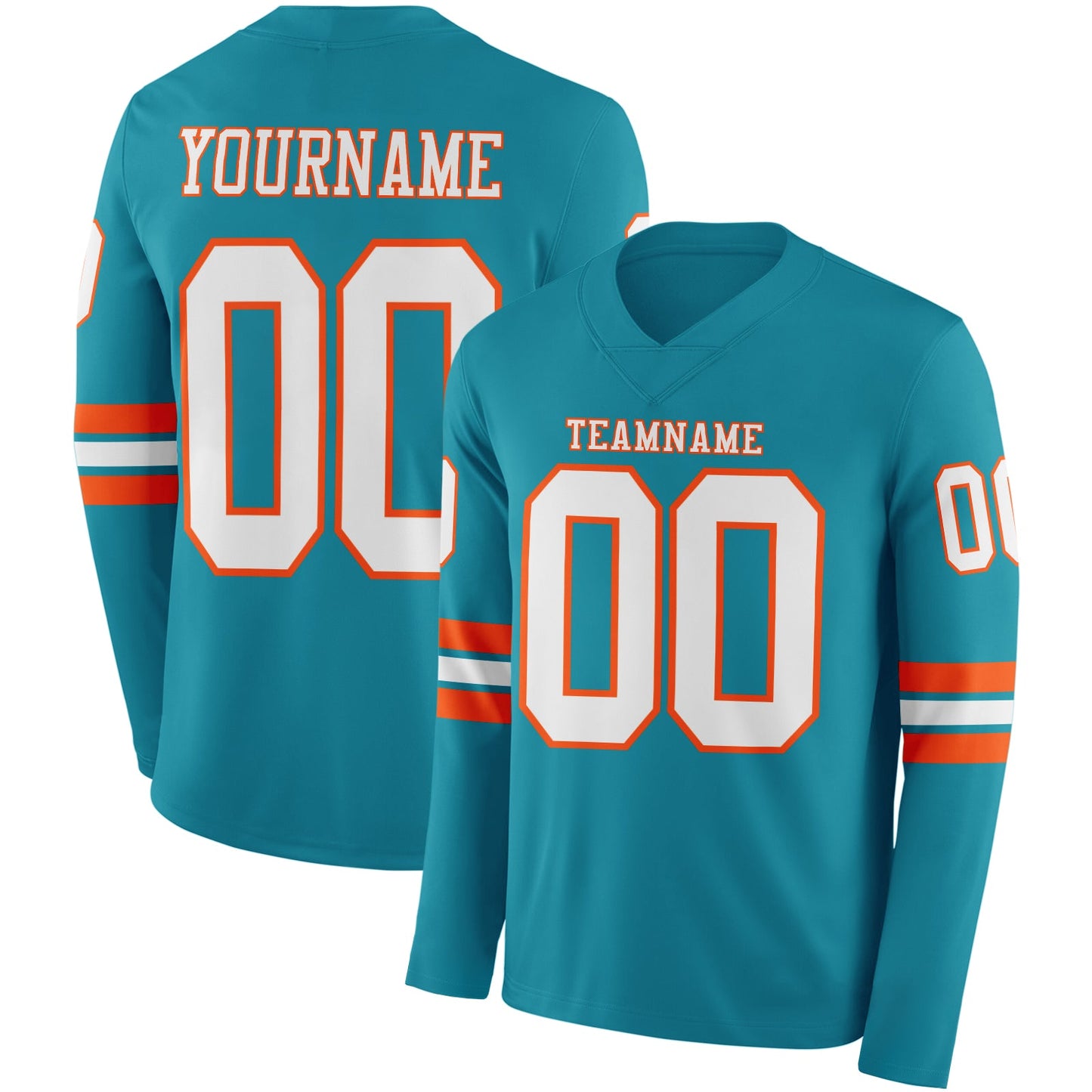 Custom Teal White-Orange Long Sleeve Authentic Football Jersey - Main View