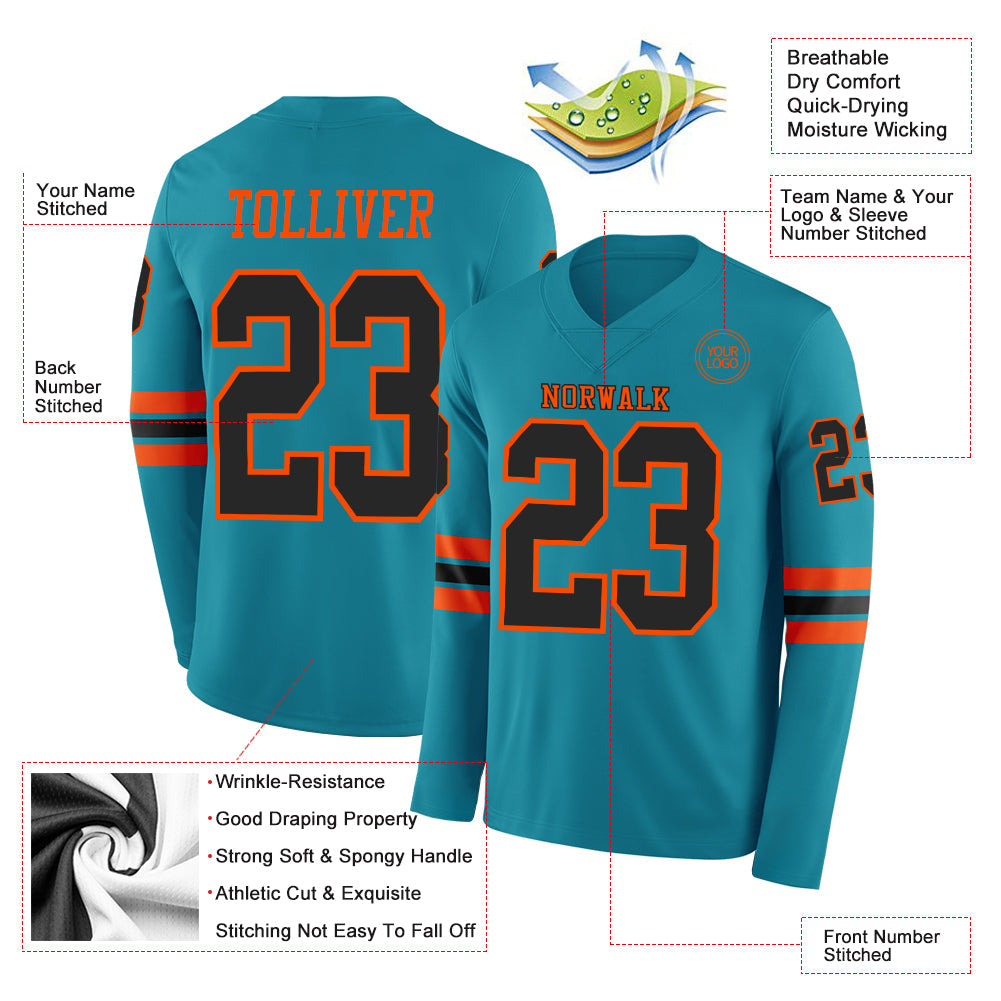 Custom Teal Black-Orange Long Sleeve Authentic Football Jersey view 2