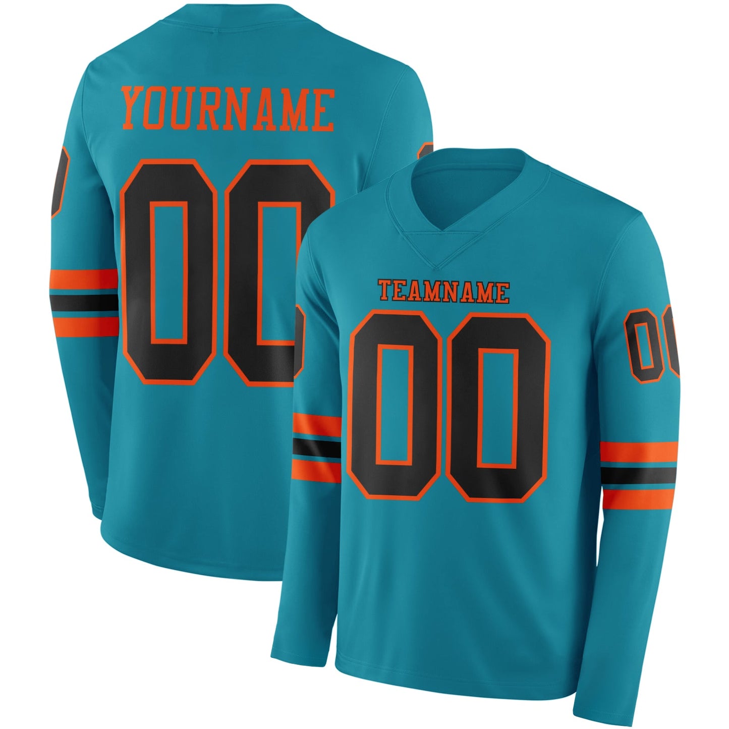 Custom Teal Black-Orange Long Sleeve Authentic Football Jersey - Main View