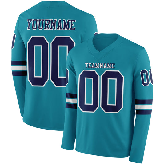 Custom Teal Navy-White Long Sleeve Authentic Football Jersey - Main View