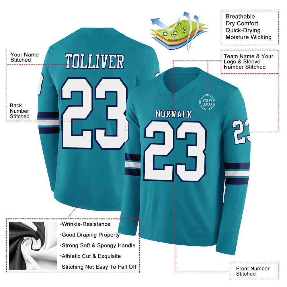 Custom Teal White-Navy Long Sleeve Authentic Football Jersey view 2