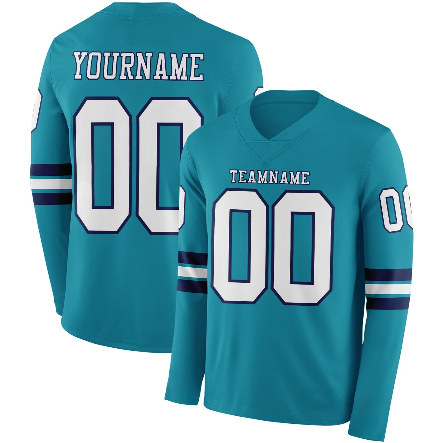 Custom Teal White-Navy Long Sleeve Authentic Football Jersey - Main View