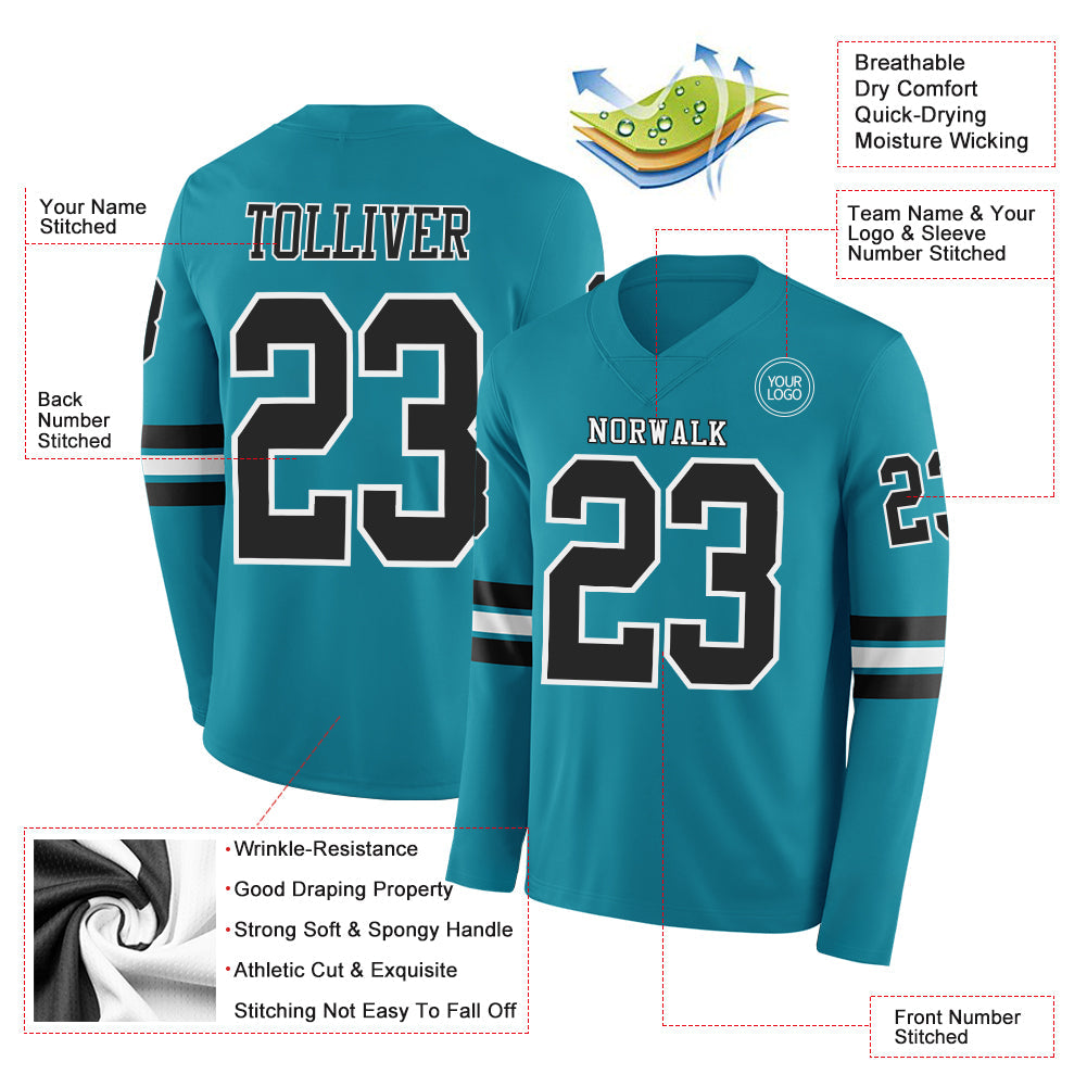 Custom Teal Black-White Long Sleeve Authentic Football Jersey view 2