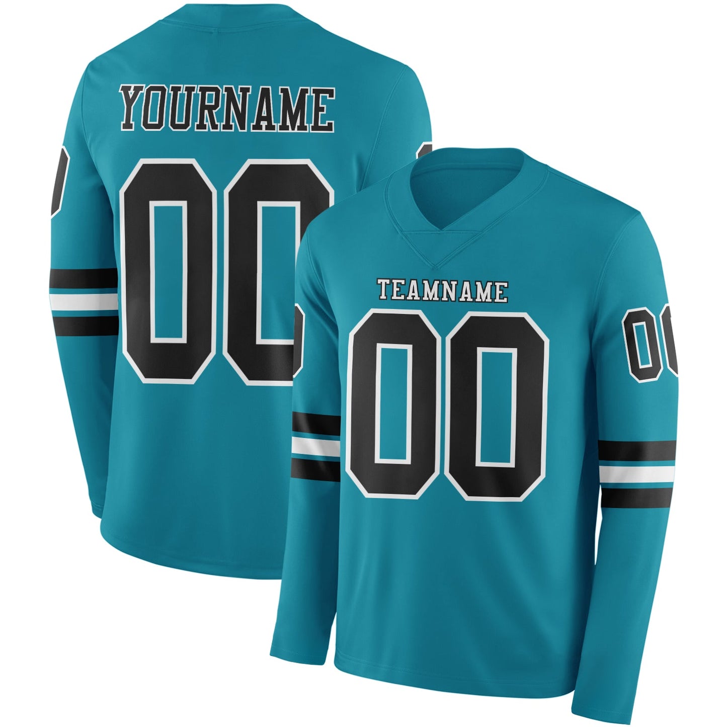 Custom Teal Black-White Long Sleeve Authentic Football Jersey - Main View