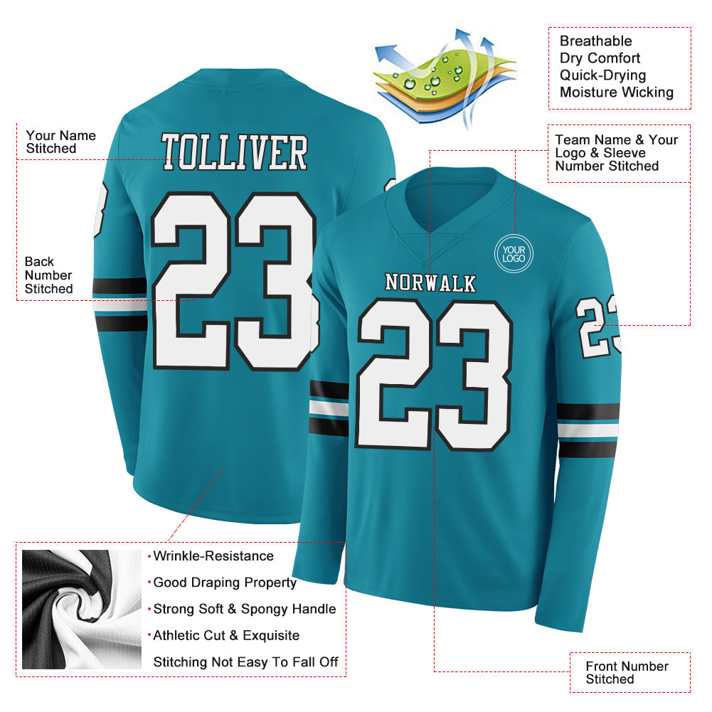 Custom Teal White-Black Long Sleeve Authentic Football Jersey view 2