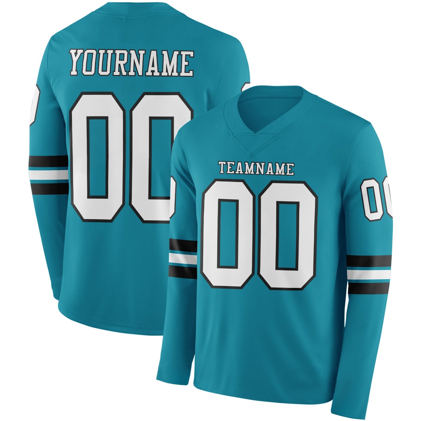 Custom Teal White-Black Long Sleeve Authentic Football Jersey - Main View