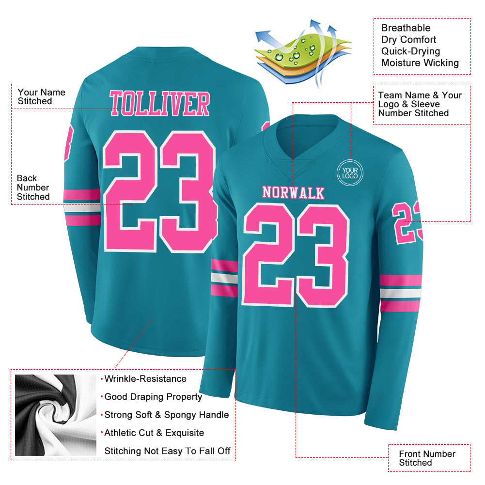 Custom Teal Pink-White Long Sleeve Authentic Football Jersey view 2