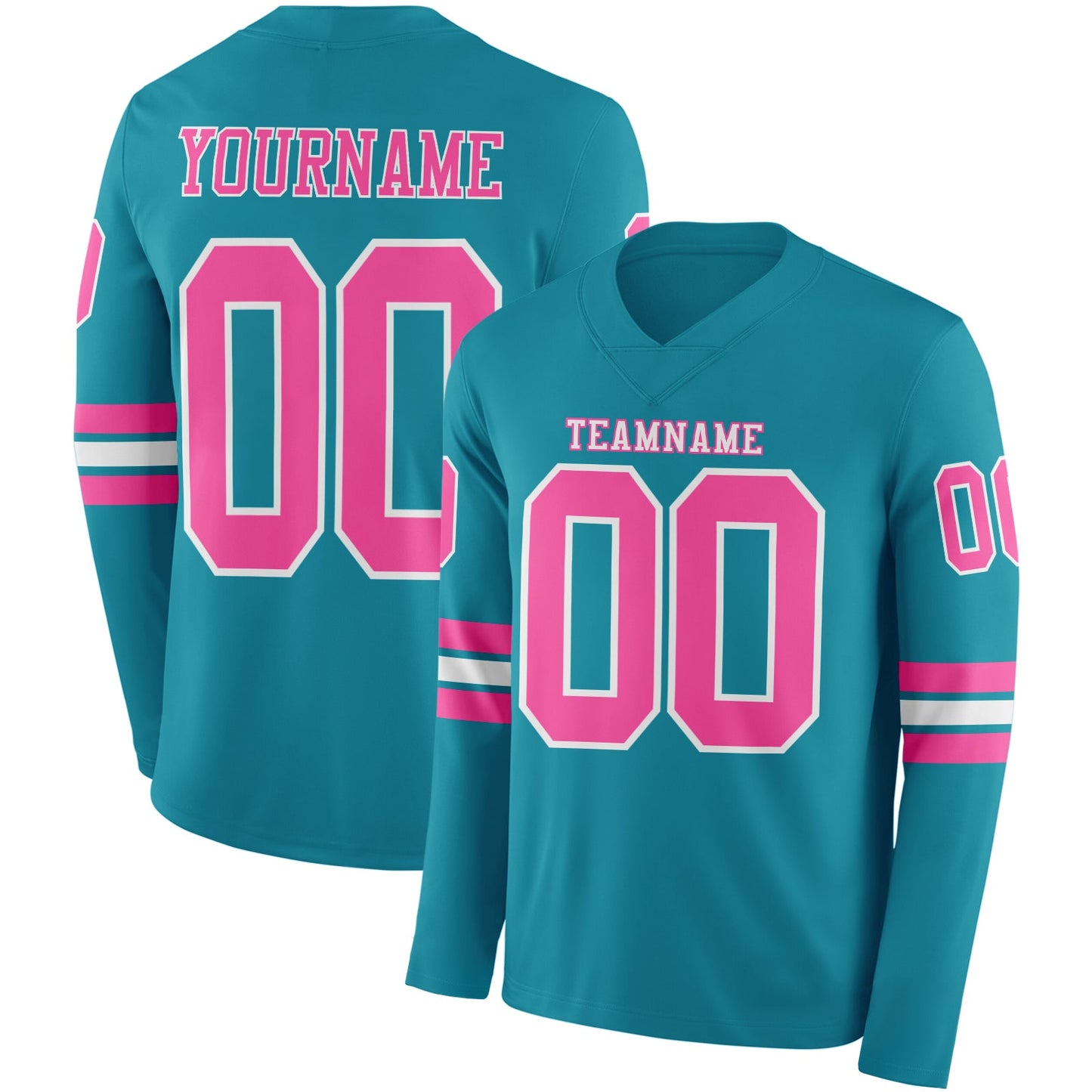 Custom Teal Pink-White Long Sleeve Authentic Football Jersey - Main View