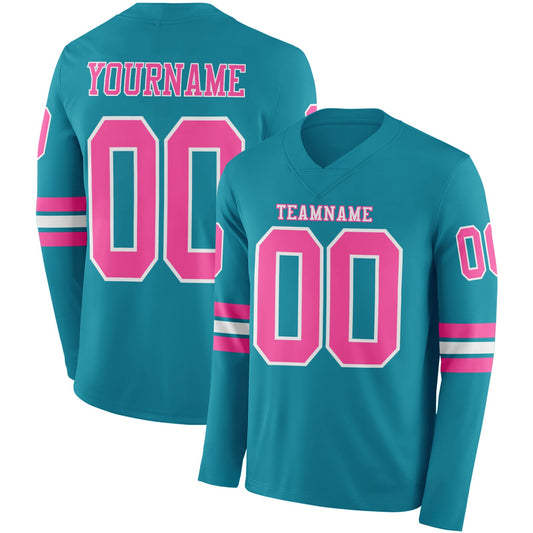 Custom Teal Pink-White Long Sleeve Authentic Football Jersey - Main View