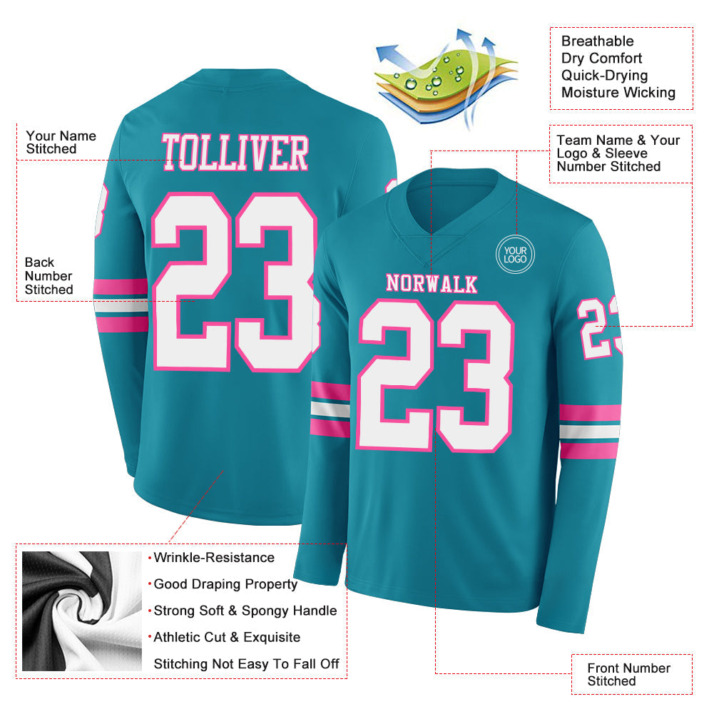 Custom Teal White-Pink Long Sleeve Authentic Football Jersey view 2