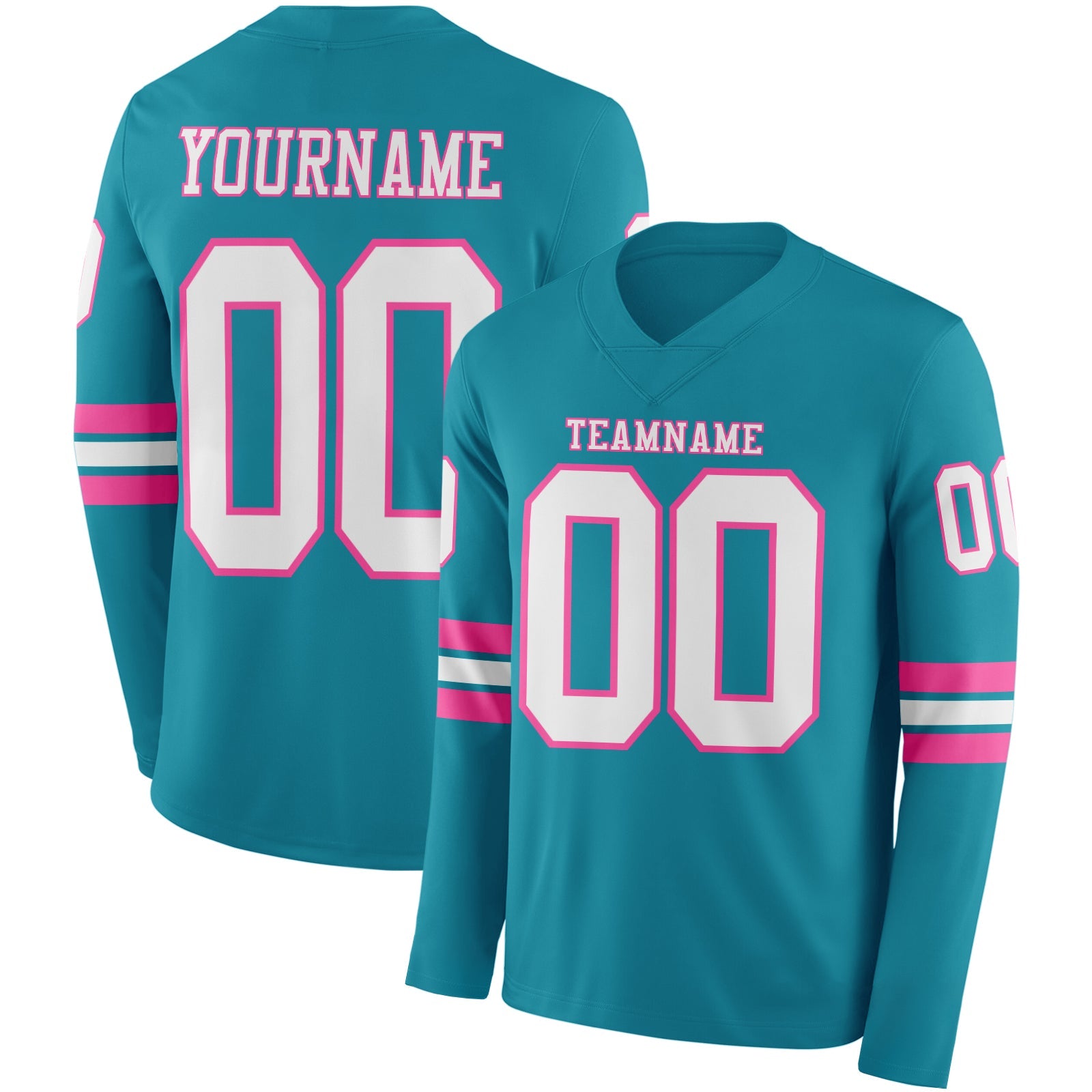 Custom Teal White-Pink Long Sleeve Authentic Football Jersey - Main View