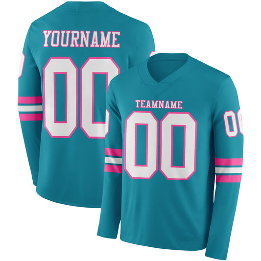 Custom Teal White-Pink Long Sleeve Authentic Football Jersey - Main View