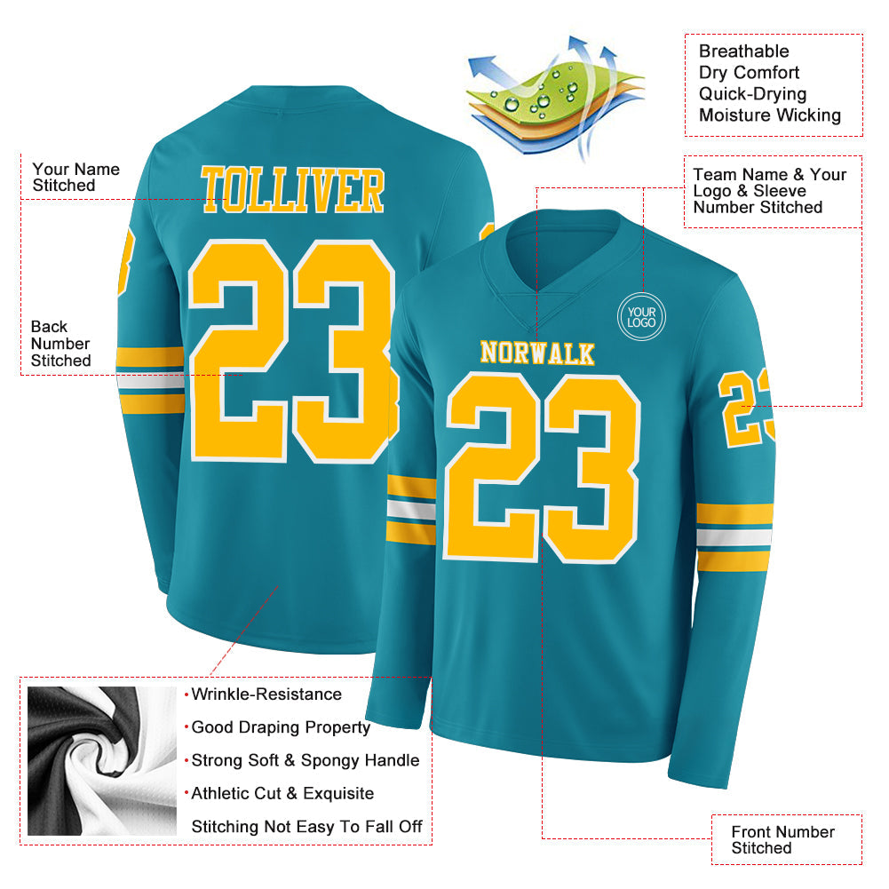 Custom Teal Gold-White Long Sleeve Authentic Football Jersey view 2