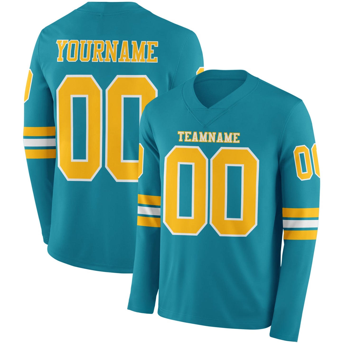 Custom Teal Gold-White Long Sleeve Authentic Football Jersey - Main View