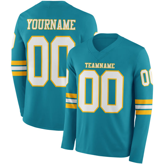 Custom Teal White-Gold Long Sleeve Authentic Football Jersey - Main View