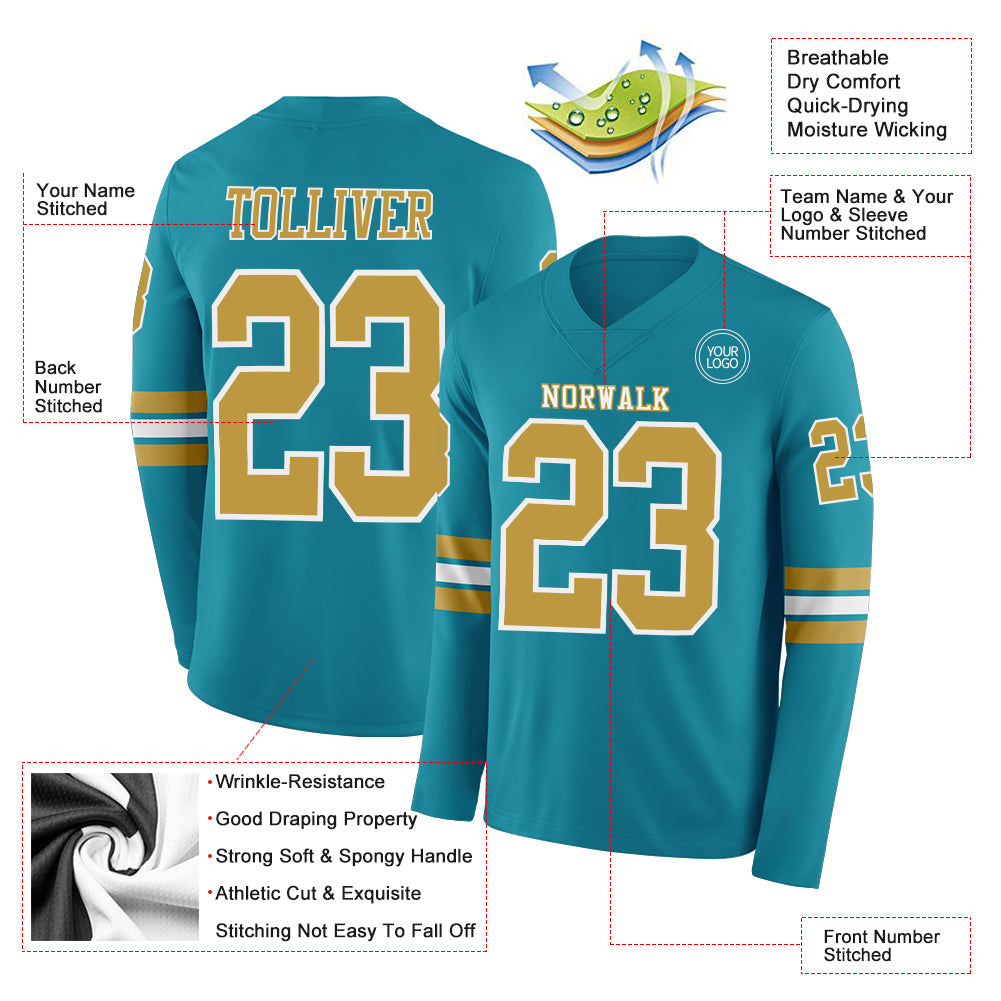 Custom Teal Old Gold-White Long Sleeve Authentic Football Jersey view 2