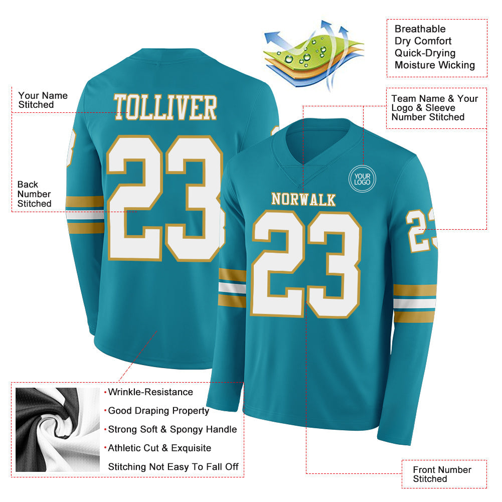 Custom Teal White-Old Gold Long Sleeve Authentic Football Jersey view 2