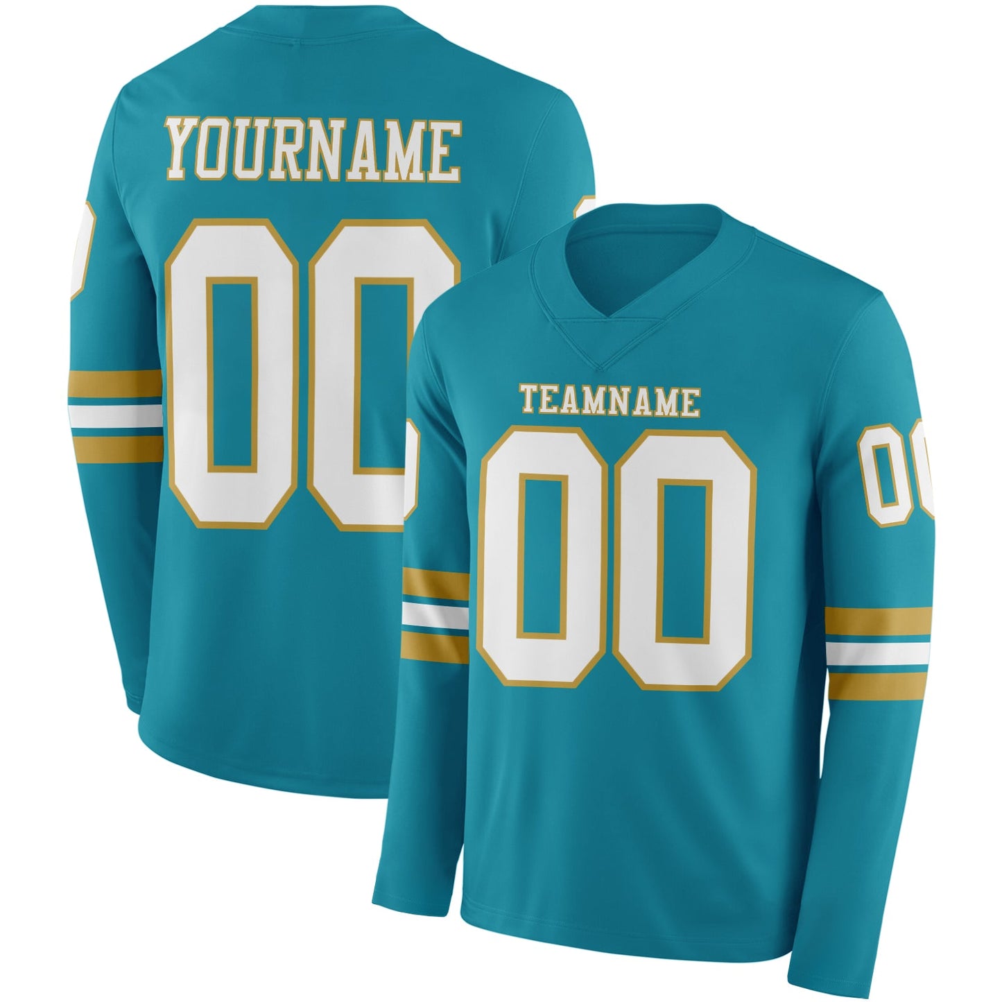 Custom Teal White-Old Gold Long Sleeve Authentic Football Jersey - Main View
