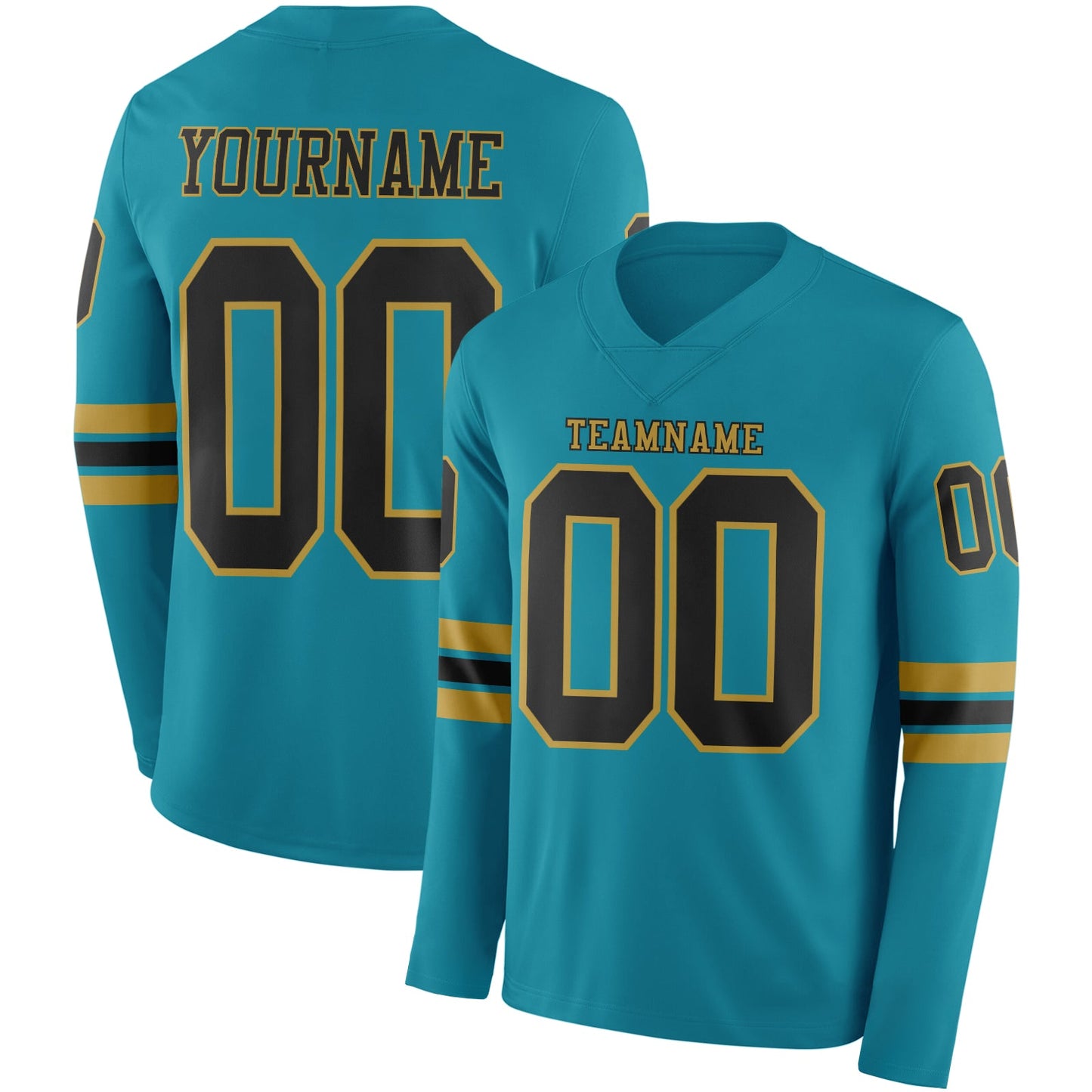 Custom Teal Black-Old Gold Long Sleeve Authentic Football Jersey - Main View