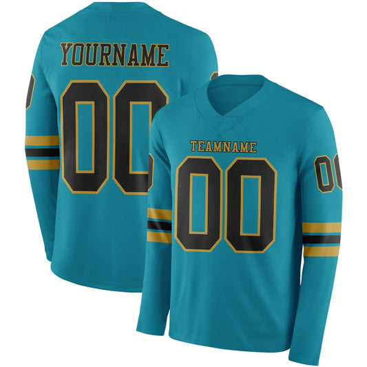 Custom Teal Black-Old Gold Long Sleeve Authentic Football Jersey - Main View