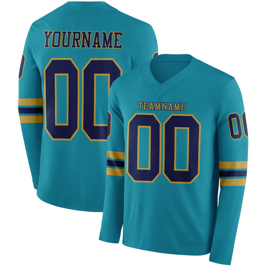 Custom Teal Navy-Old Gold Long Sleeve Authentic Football Jersey - Main View