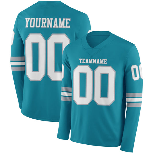 Custom Teal White-Gray Long Sleeve Authentic Football Jersey - Main View