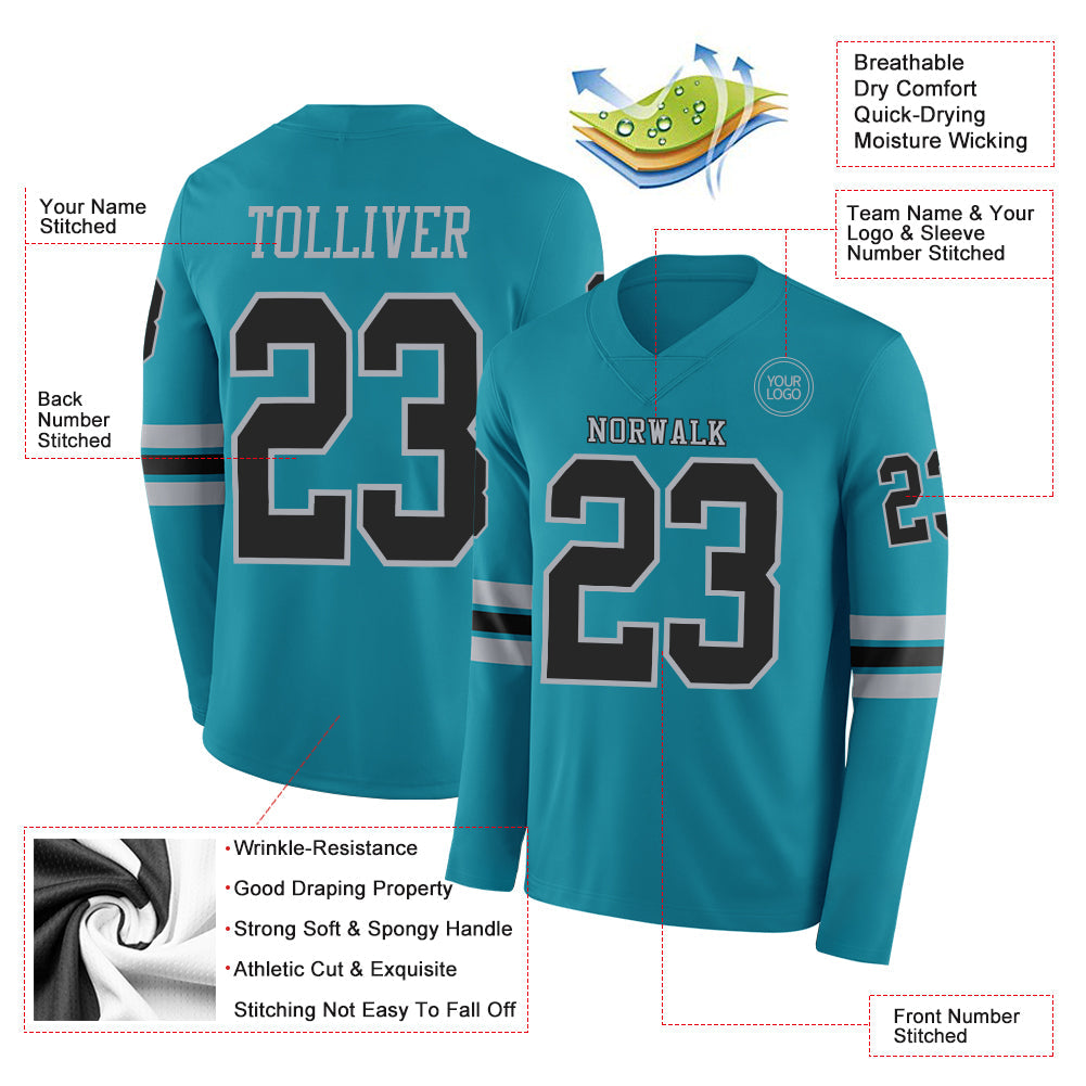 Custom Teal Black-Gray Long Sleeve Authentic Football Jersey view 2