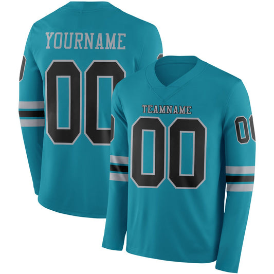 Custom Teal Black-Gray Long Sleeve Authentic Football Jersey - Main View