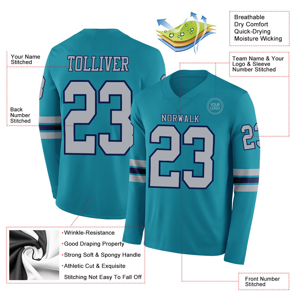 Custom Teal Gray-Navy Long Sleeve Authentic Football Jersey view 2