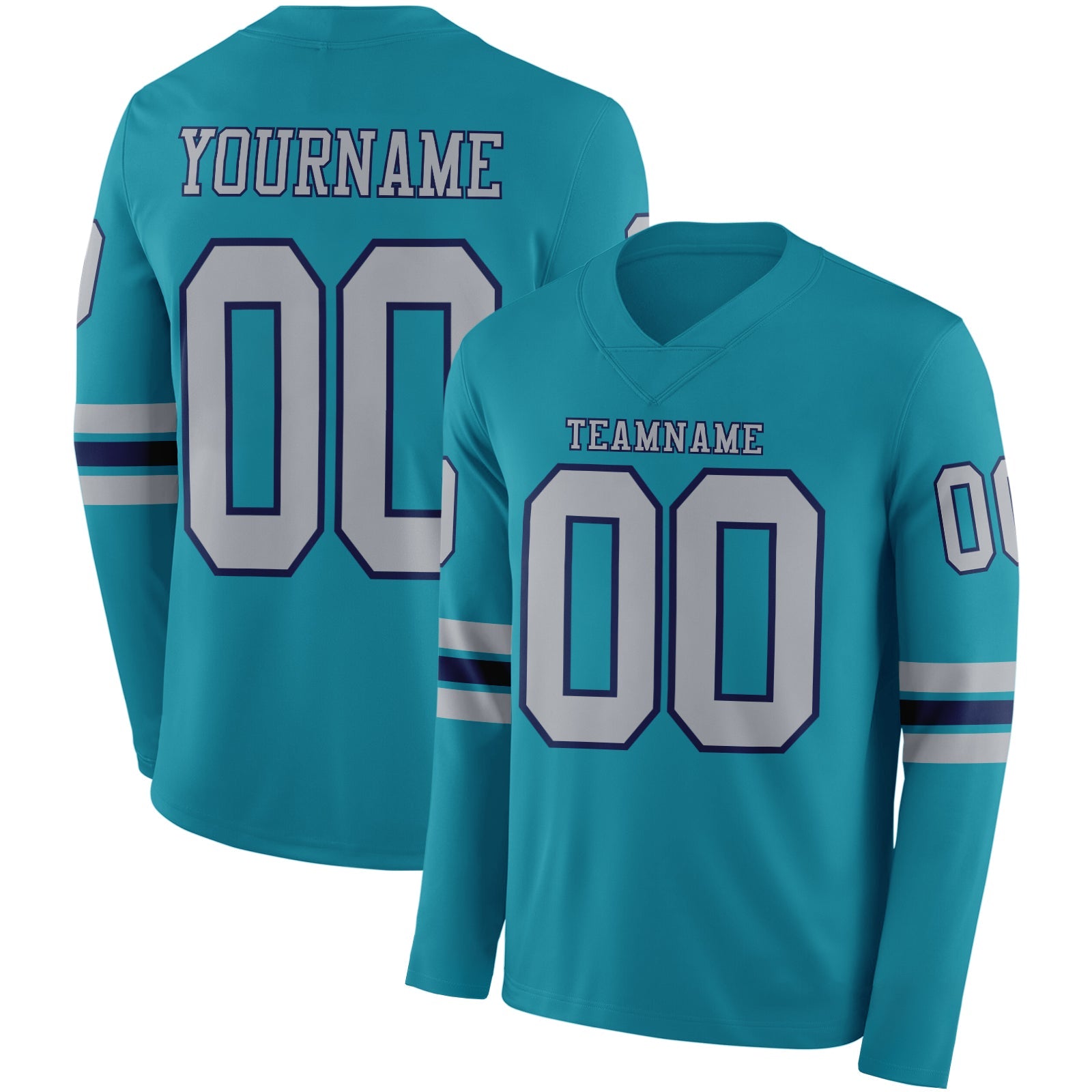 Custom Teal Gray-Navy Long Sleeve Authentic Football Jersey - Main View
