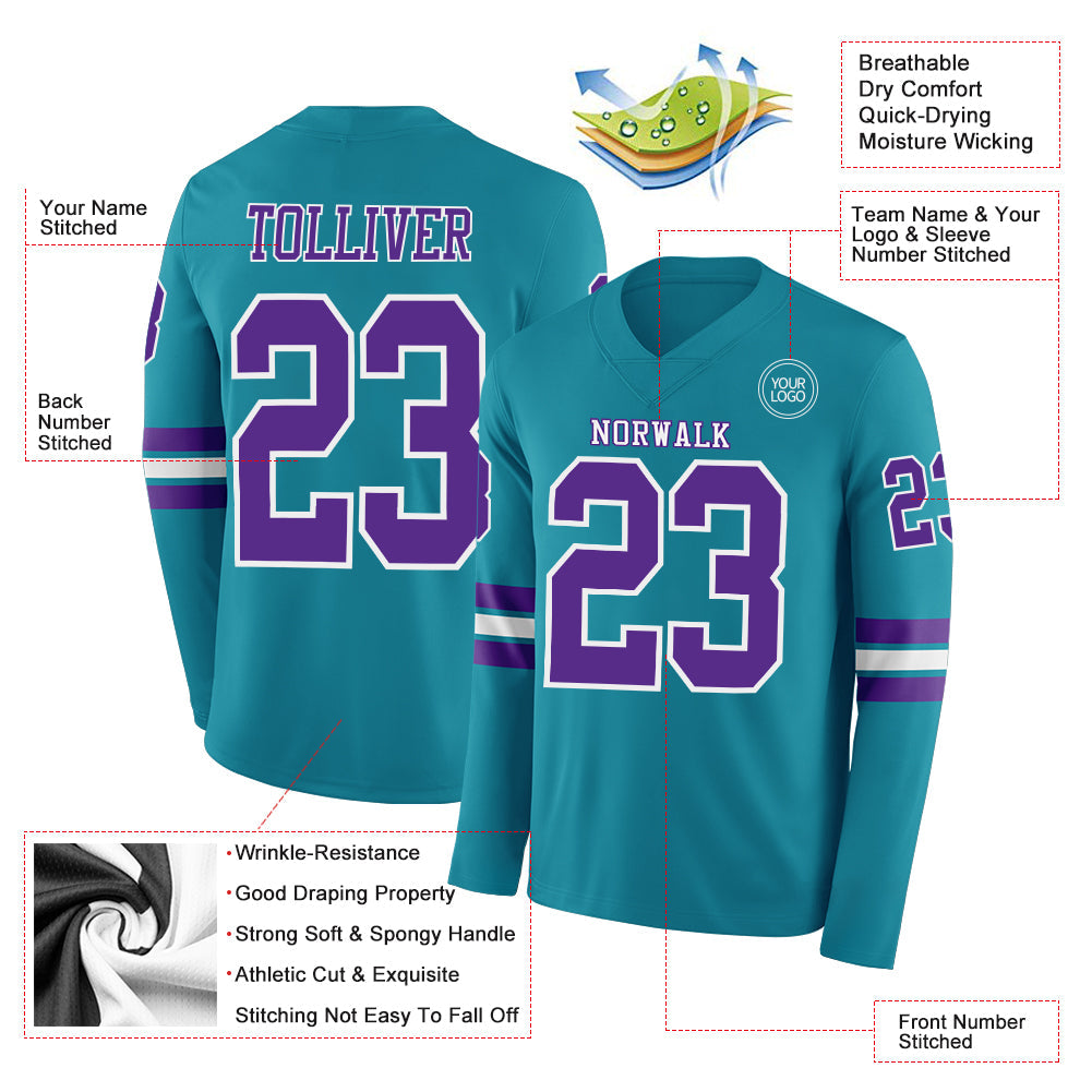 Custom Teal Purple-White Long Sleeve Authentic Football Jersey view 2