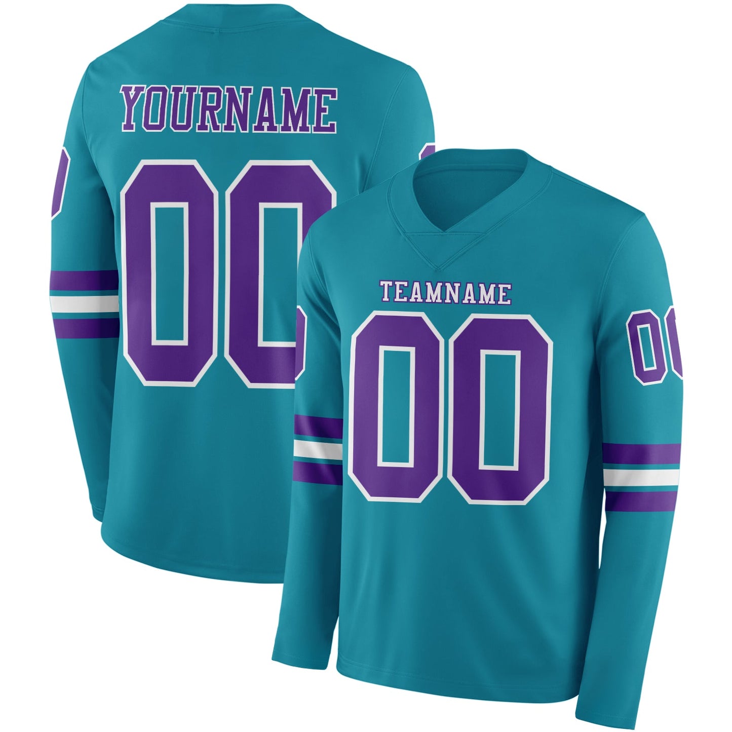 Custom Teal Purple-White Long Sleeve Authentic Football Jersey - Main View