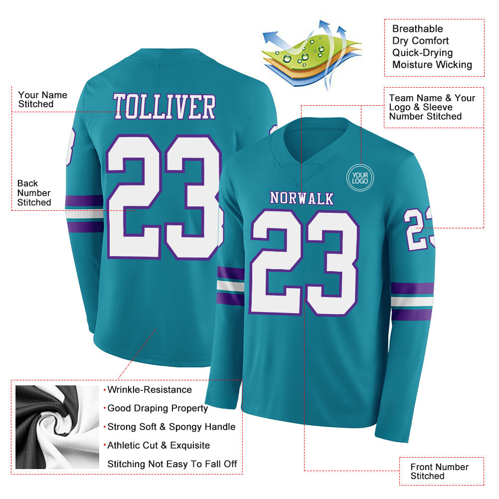 Custom Teal White-Purple Long Sleeve Authentic Football Jersey view 2