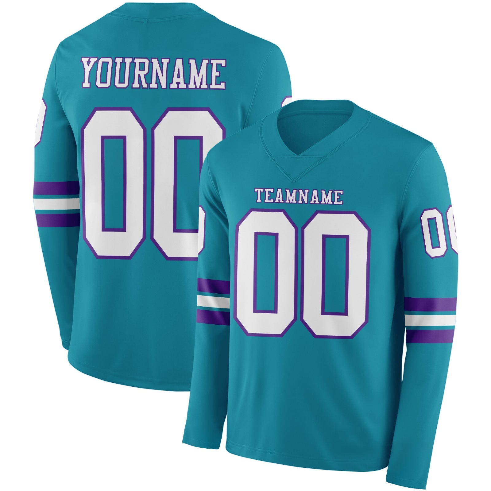 Custom Teal White-Purple Long Sleeve Authentic Football Jersey - Main View