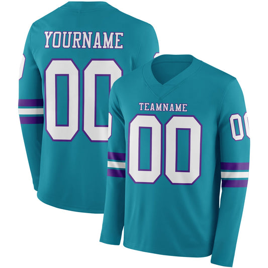 Custom Teal White-Purple Long Sleeve Authentic Football Jersey - Main View
