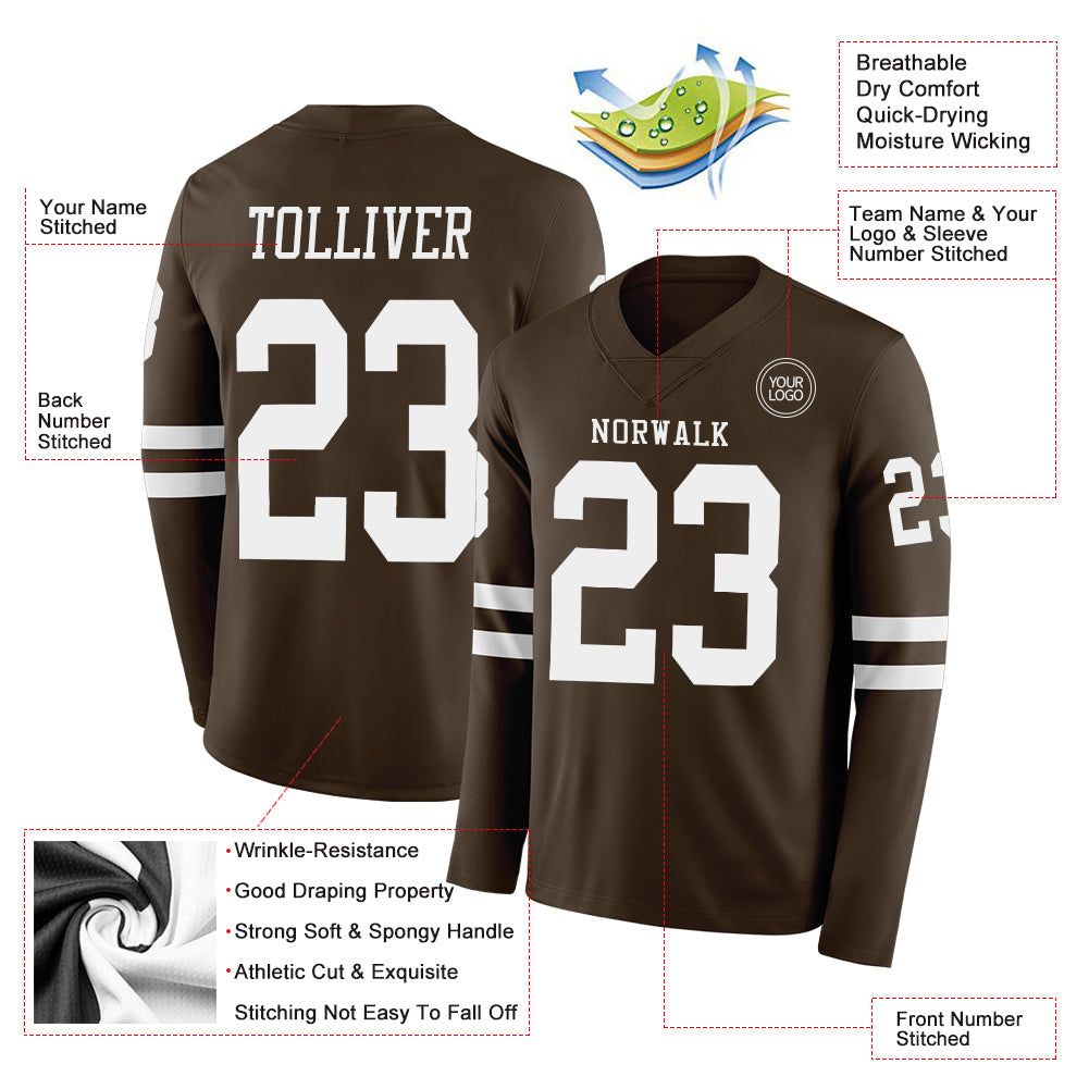Custom Brown White Long Sleeve Authentic Football Jersey view 2